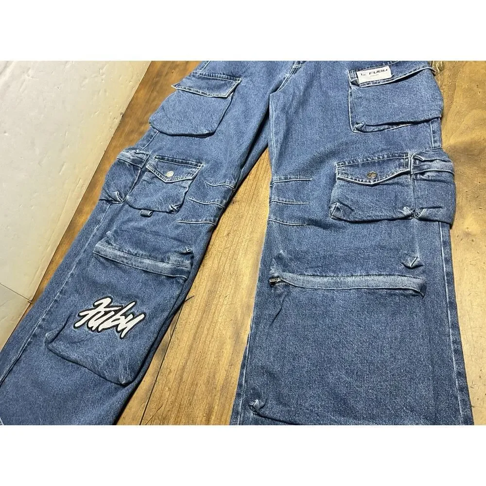 Forever 21 FUBU Denim Cargo Jeans Baggy Y2K Wide Leg Skater Womens Medium 28x31 - Picture 6 of 16